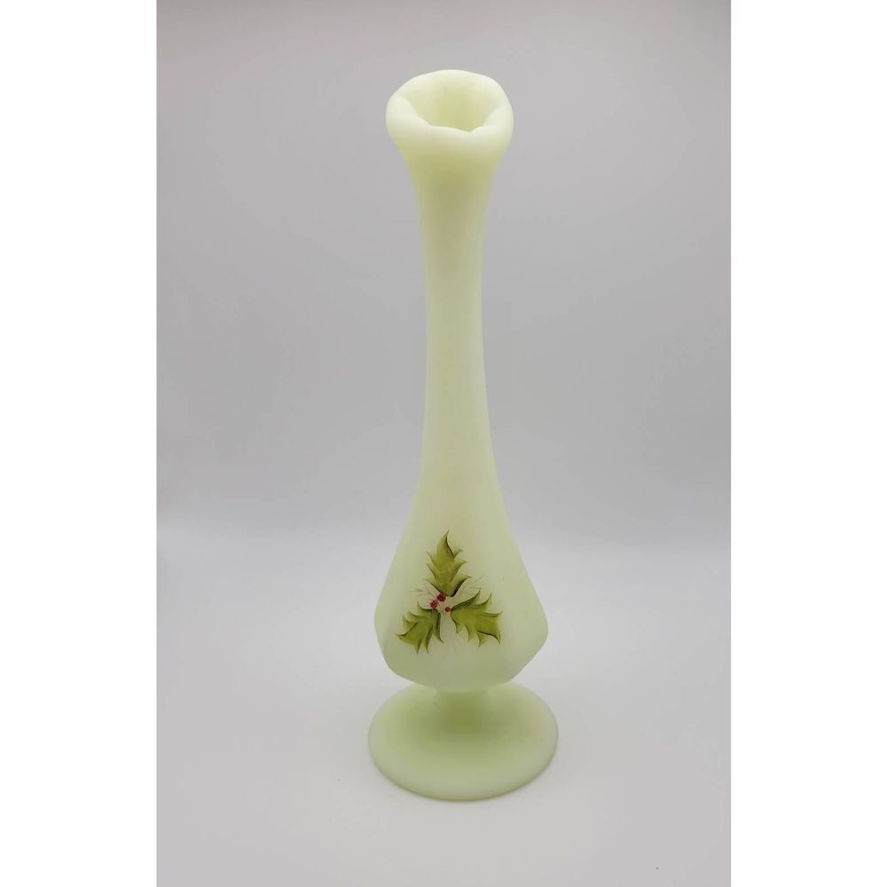 Vintage Signed Fenton Pastel Custard Holly Handpainted Swung Vase Uranium Glow